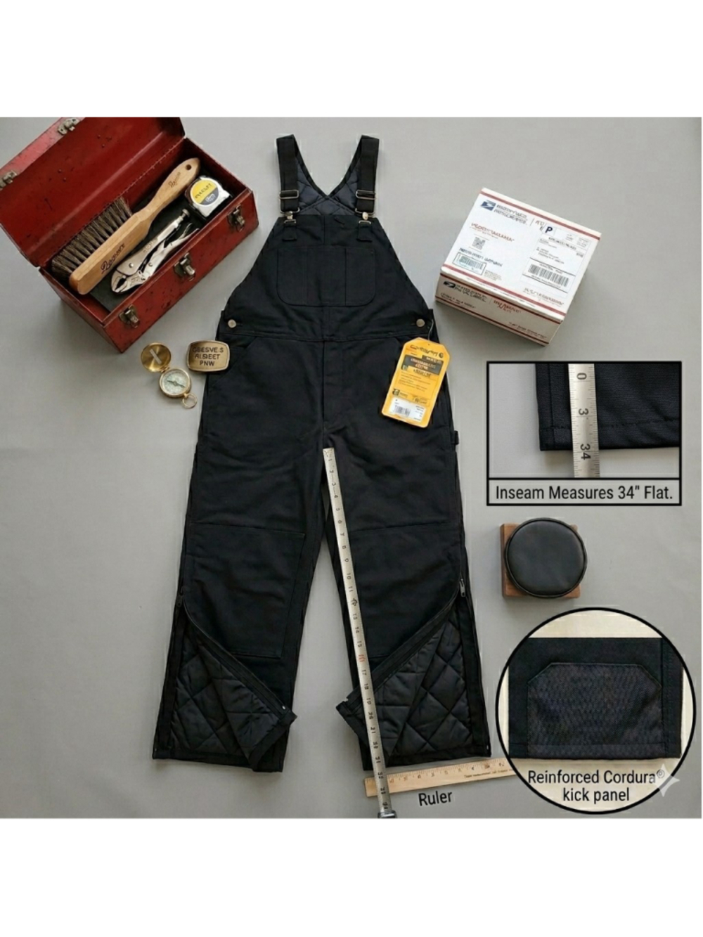 Carhartt Men's XL Tall Loose Fit Firm Duck Insulated Bib Overalls Black OR4393